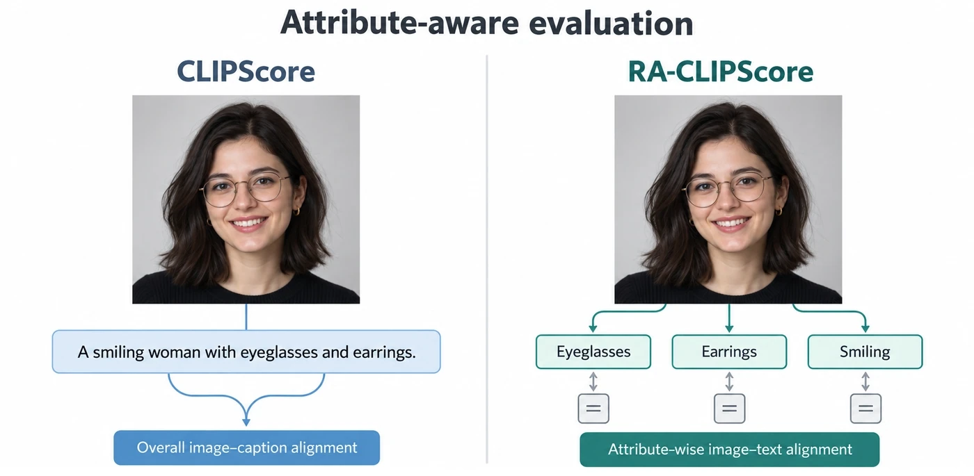 CLIPScore evaluates overall image-caption alignment, while RA-CLIPScore evaluates individual attributes such as eyeglasses, earrings, and smiling.